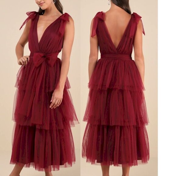 Lulus Flawless Arrival Burgundy Tulle Tie-Strap Tiered Maxi Dress Medium NEW NWT - Picture 4 of 7